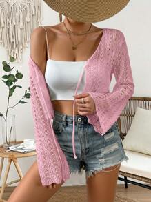 SHEIN VCAY Nữ Cardigans Sò điệp cắt Thắt nơ trước màu trơn Giải trí - Hồng - Xem 6
