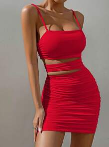 Allurite Vestido ajustado con canesú fruncido y escote calado para ropa de Año Nuevo - Rojo - Ver 5