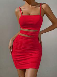 Allurite Vestido ajustado con canesú fruncido y escote calado para ropa de Año Nuevo - Rojo - Ver 6