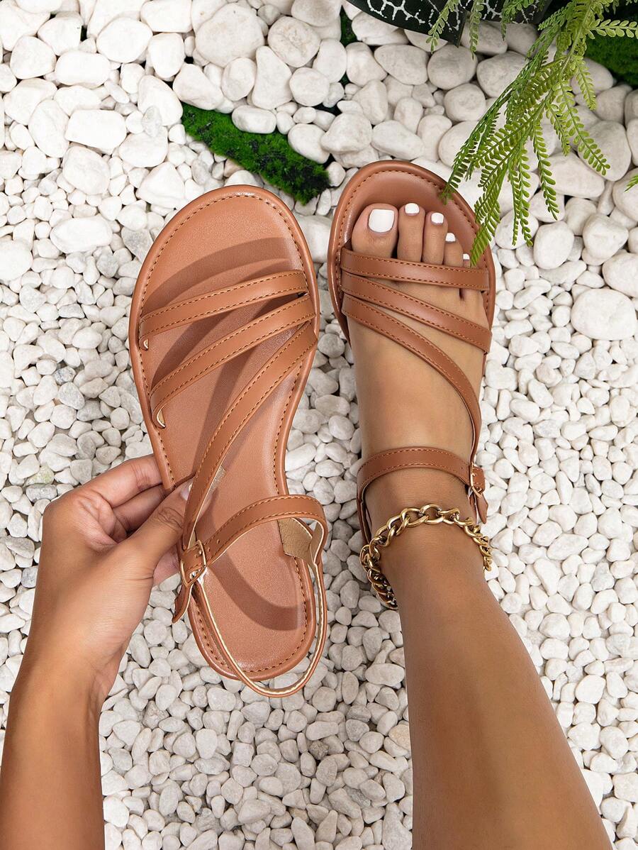 女性極簡風格踝帶優雅涼鞋 - 棕色 - 查看 1