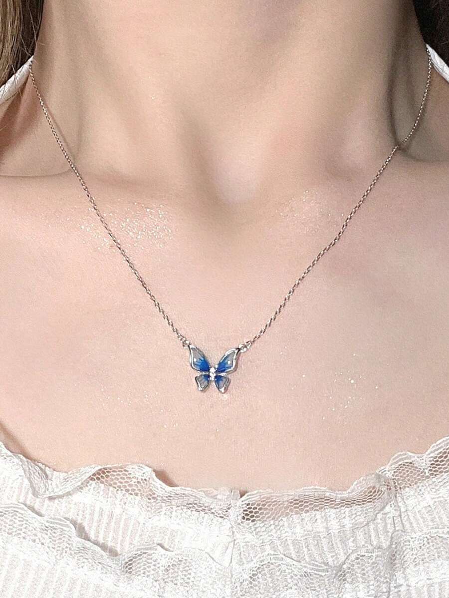 1 pieza Collar con colgante de mariposa degradado de color aleatorio para mujeres (evitar el contacto con el agua) - Plateado - Ver 1