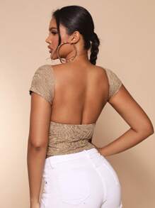 SHEIN SXY Áo thun nữ Lộ Lưng Xù màu trơn Gợi cảm - Màu Khaki - Xem 1