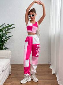 SHEIN MOOSTA 撞色字母圖案短款背心和運動褲 - 彩色 - 查看 3