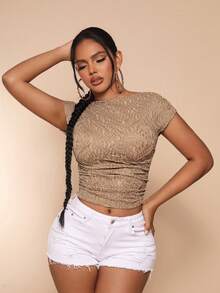 SHEIN SXY Áo thun nữ Lộ Lưng Xù màu trơn Gợi cảm - Màu Khaki - Xem 2