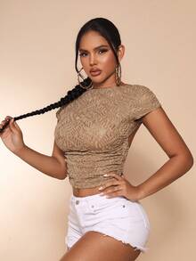 SHEIN SXY Áo thun nữ Lộ Lưng Xù màu trơn Gợi cảm - Màu Khaki - Xem 3