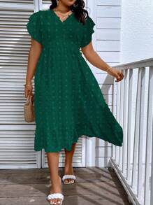Breezaya Vestido de lunares de manga mariposa bajo con fruncido - Verde Oscuro - Ver 1