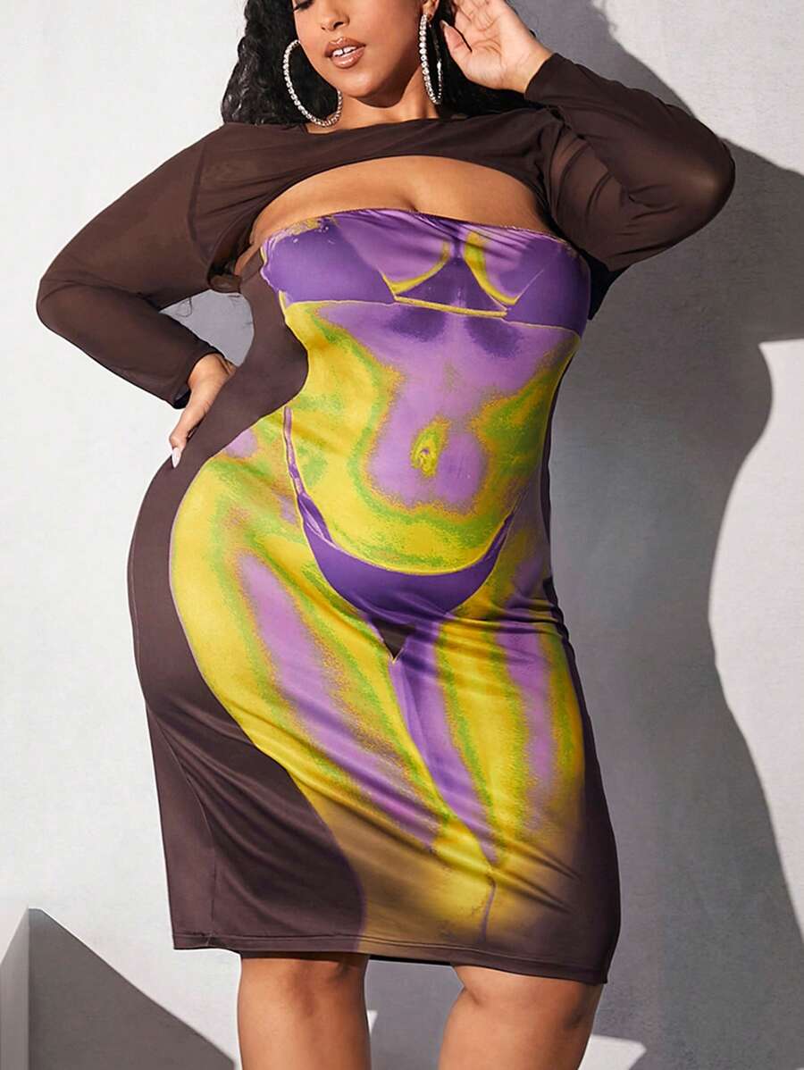 SHEIN CURVE+ Vestido mapa de calor corporal con estampado con abertura delantera - Multicolor - Ver 1