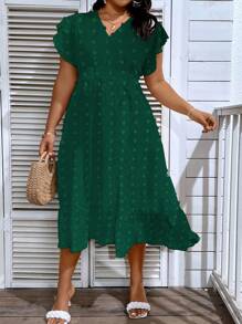 Breezaya Vestido de lunares de manga mariposa bajo con fruncido - Verde Oscuro - Ver 3