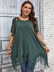 SHEIN LUNE Áo thun Plus size mép Bất đối xứng màu trơn Giải trí - màu xanh lá - Xem 1