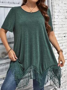 SHEIN LUNE Áo thun Plus size mép Bất đối xứng màu trơn Giải trí - màu xanh lá - Xem 3