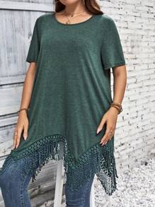 SHEIN LUNE Áo thun Plus size mép Bất đối xứng màu trơn Giải trí - màu xanh lá - Xem 5