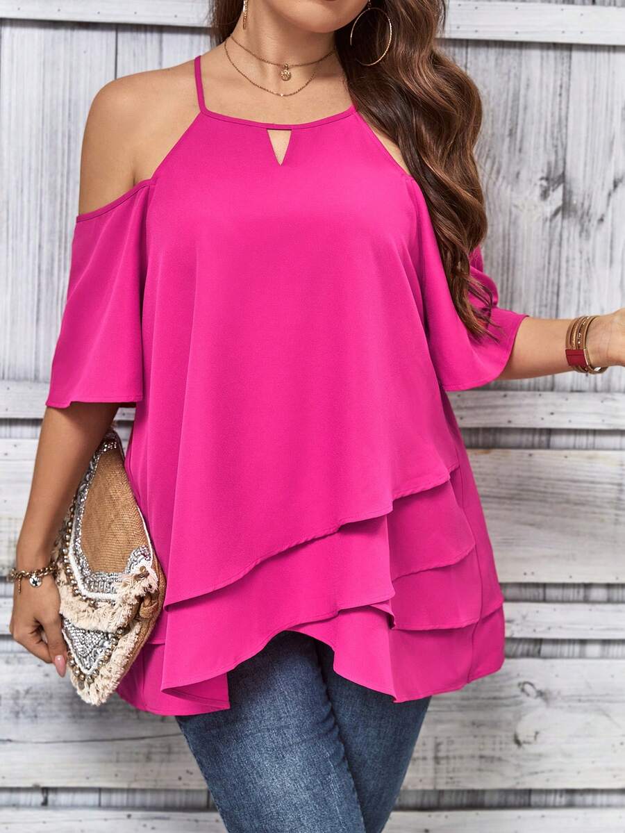 SHEIN LUNE 大碼挖肩鏤空不對稱下擺襯衫 - 玫紅色 - 查看 1