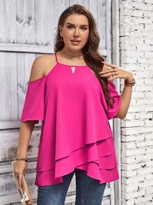 SHEIN LUNE 大碼挖肩鏤空不對稱下擺襯衫 - 玫紅色 - 查看 4