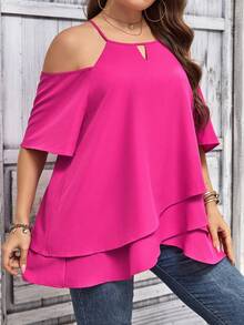 SHEIN LUNE 大碼挖肩鏤空不對稱下擺襯衫 - 玫紅色 - 查看 5