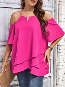 SHEIN LUNE 大碼挖肩鏤空不對稱下擺襯衫 - 玫紅色 - 查看 6