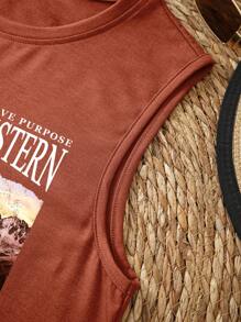 SHEIN LUNE Mountain & Slogan Graphic Tank Top - Burnt Orange - View 5