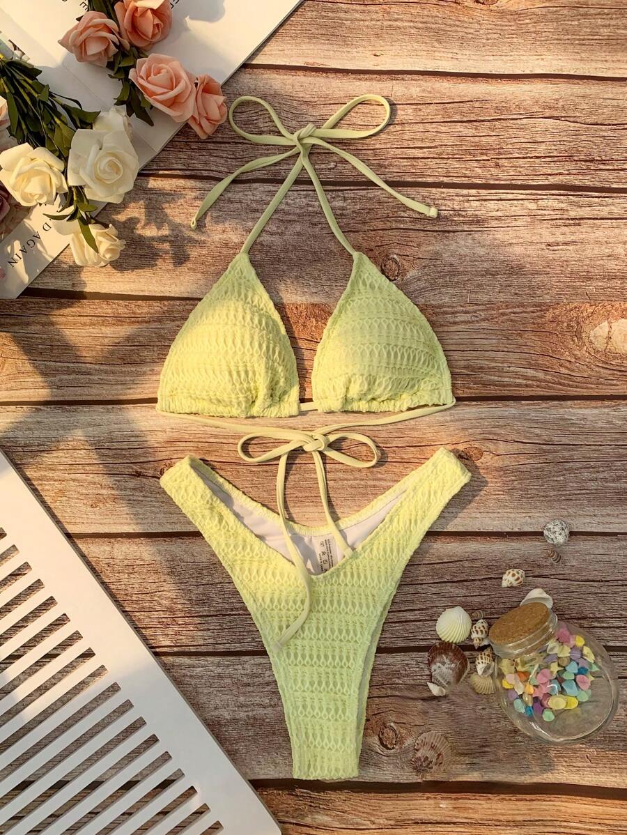 Swim Mod 紋理質感比基尼套裝吊脖三角形文胸上衣和高衩泳衣下裝2入組泳衣 - 黃色 - 查看 1