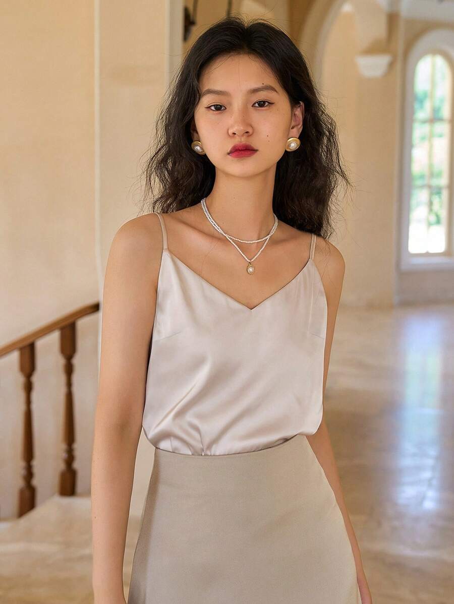 DAZY 纯色可调节肩带吊带背心 - 杏色 - 查看 1