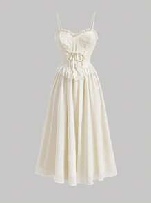 SHEIN MOD Lace Up Front Ruffle Trim Cami Dress - Beige - View 1