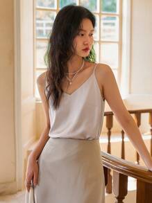 DAZY 纯色可调节肩带吊带背心 - 杏色 - 查看 4