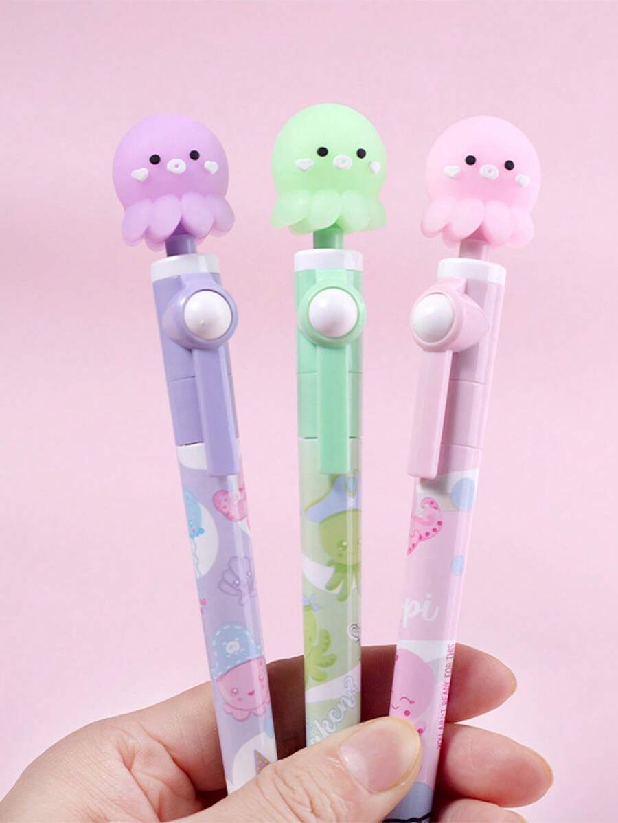 3pcs Cartoon Octopus Decor Gel Pen, Creative Portable Gel Rollerball Pen Set For Student, Writing - Multicolor - View 1