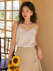 DAZY 纯色可调节肩带吊带背心 - 杏色 - 查看 5