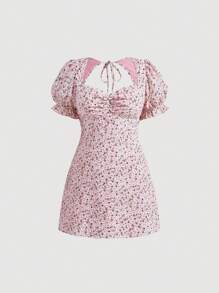 SHEIN MOD 大碼碎花後綁帶胸部褶皺洋裝