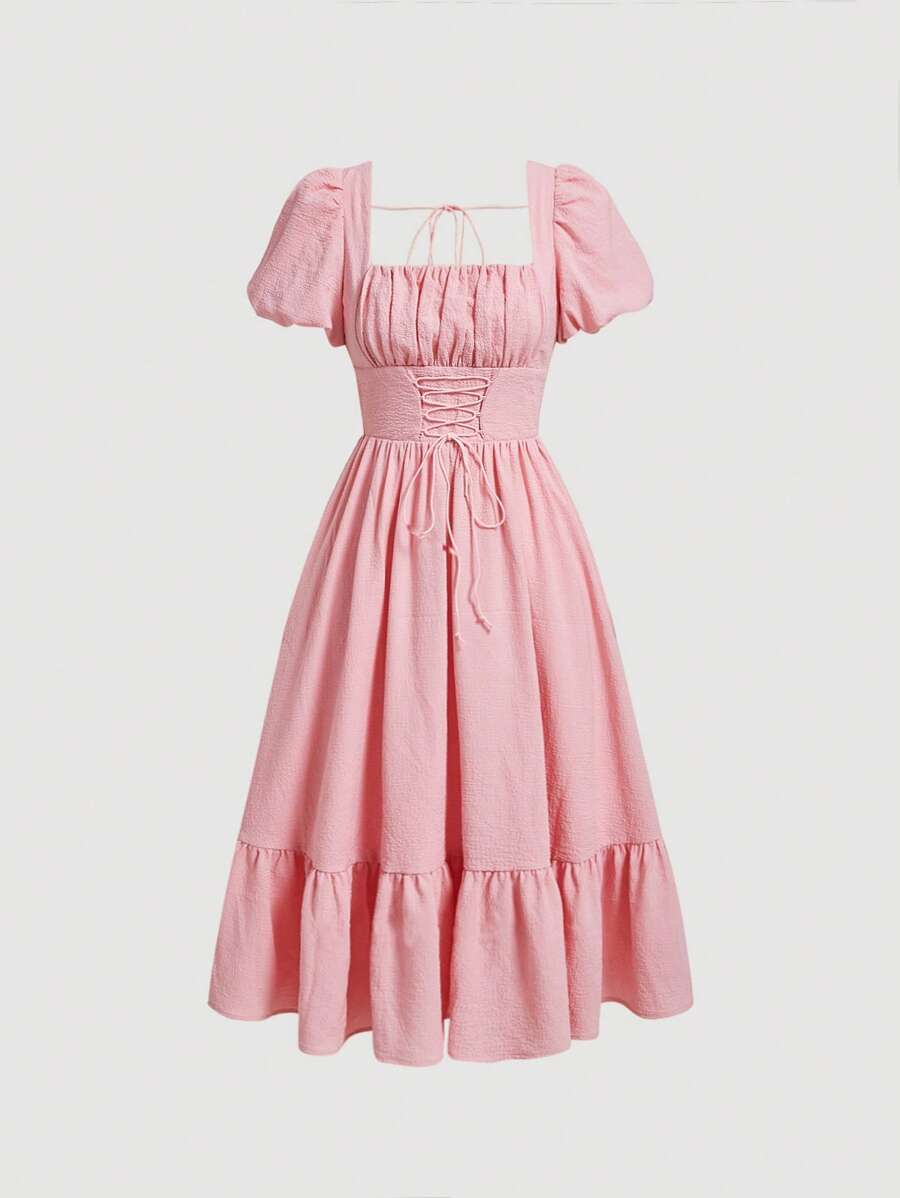 SHEIN MOD Đầm Ren lên Viên lá sen Buộc lại Dải chun Nếp gấp Phần Ngực màu trơn Giải trí - Màu Hồng baby - Xem 1