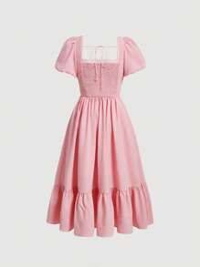 SHEIN MOD Đầm Ren lên Viên lá sen Buộc lại Dải chun Nếp gấp Phần Ngực màu trơn Giải trí - Màu Hồng baby - Xem 2