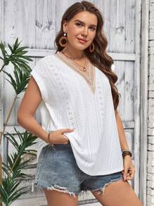 SHEIN LUNE Plus Contrast Guipure Lace Dolman Sleeve Tee - White - View 4