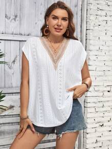 SHEIN LUNE Plus Contrast Guipure Lace Dolman Sleeve Tee - White - View 6