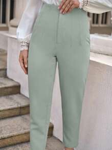 SHEIN Frenchy Solid Zip Fly Cropped Pants - Mint Green - View 3