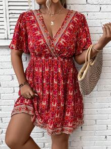 Breezaya Váy cổ xếp ly in hoa tay cánh bướm cho năm mới, mùa hè - Đỏ - Xem 1