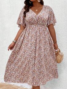 SHEIN Clasi Women Plus Ditsy Floral Print Flounce Sleeve Dress, Summer Outfit
