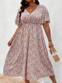SHEIN Clasi Women Plus Ditsy Floral Print Flounce Sleeve Dress, Summer Outfit