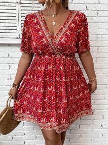 Breezaya Váy cổ xếp ly in hoa tay cánh bướm cho năm mới, mùa hè - Đỏ - Xem 5