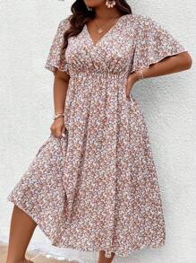 SHEIN Clasi Women Plus Ditsy Floral Print Flounce Sleeve Dress, Summer Outfit