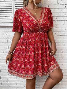 Breezaya Váy cổ xếp ly in hoa tay cánh bướm cho năm mới, mùa hè - Đỏ - Xem 6