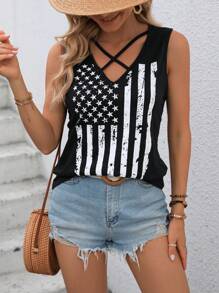 SHEIN LUNE 美式印花交叉背心上衣 - 黑色 - 查看 1