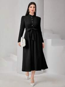 Modelyn Plisse Mock Neck Button Front Belted Shirt Dress - Black - View 1