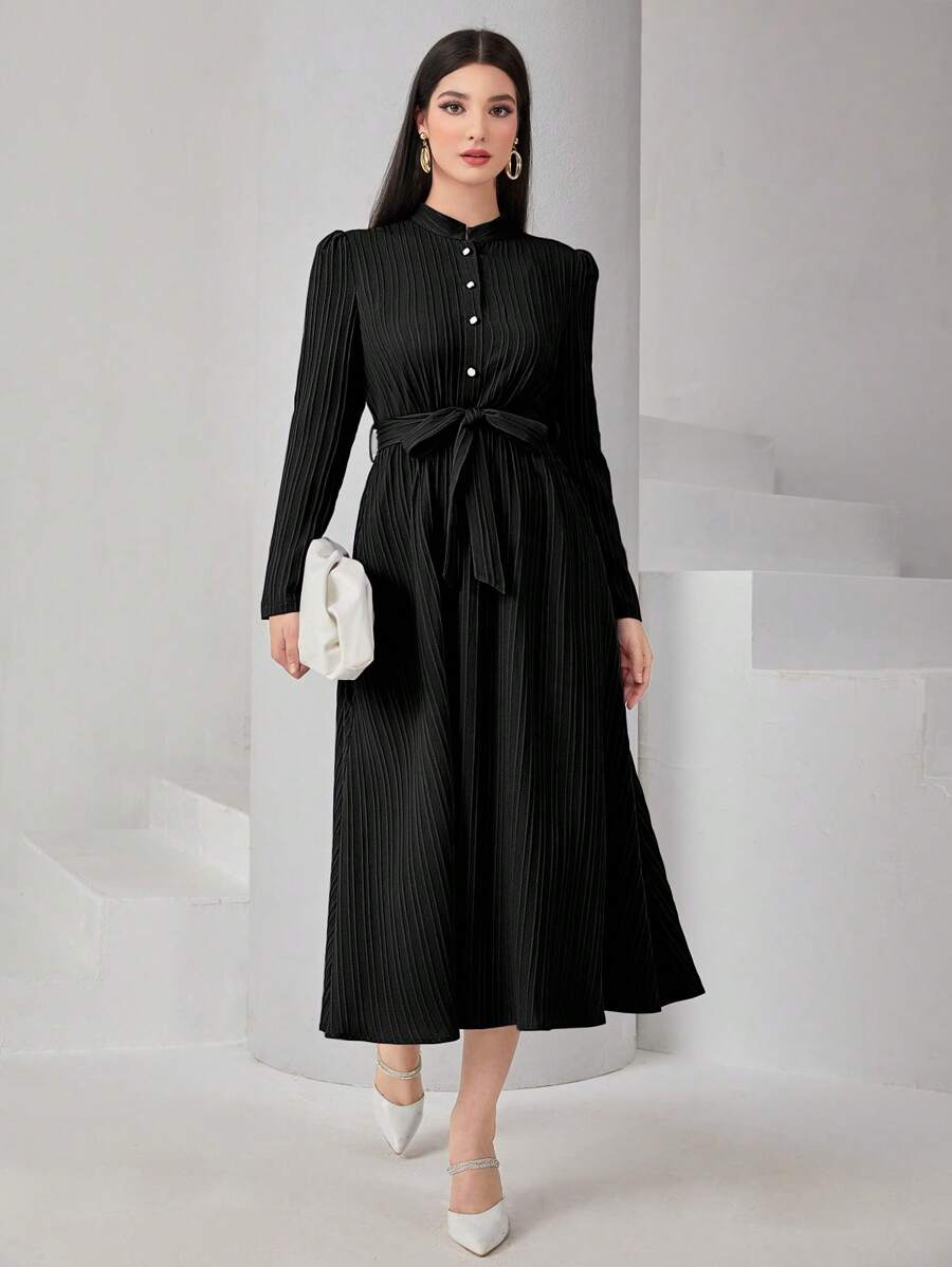 Modelyn Plisse Mock Neck Button Front Belted Shirt Dress - Black - View 1