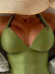 Plain Crisscross Back One Piece Swimsuit - Green - View 5