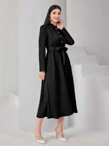Modelyn Plisse Mock Neck Button Front Belted Shirt Dress - Black - View 3