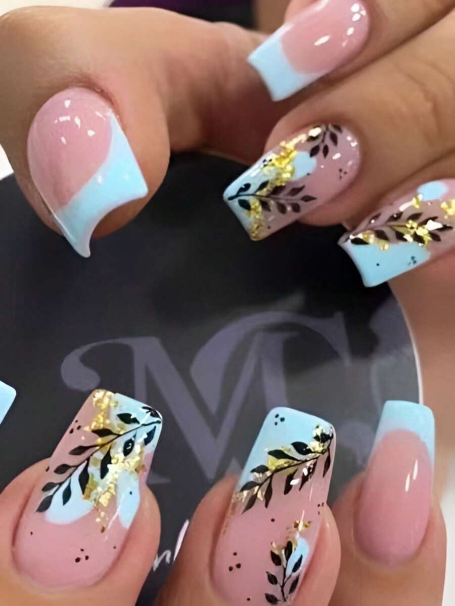 Transform Your Nails With 24Pcs Long Square Leaf Pattern Glitter Full Cover Fake Nail Set Press On Nails Nail Supplies Nails