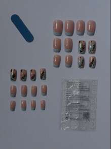 Transform Your Nails With 24Pcs Long Square Leaf Pattern Glitter Full Cover Fake Nail Set Press On Nails Nail Supplies Nails