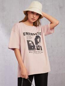 Cottnline Figure & Slogan Graphic Drop Shoulder Tee - Hồng - Xem 1