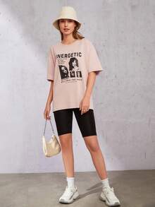 Cottnline Figure & Slogan Graphic Drop Shoulder Tee - Hồng - Xem 3