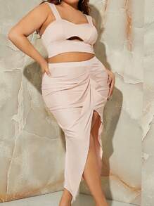 SHEIN SXY Plus Cut Out Crop Cami Top & Ruched Wrap Skirt - Baby Pink - View 1