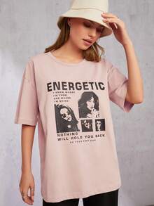 Cottnline Figure & Slogan Graphic Drop Shoulder Tee - Hồng - Xem 6