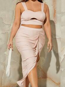 SHEIN SXY Plus Cut Out Crop Cami Top & Ruched Wrap Skirt - Baby Pink - View 3